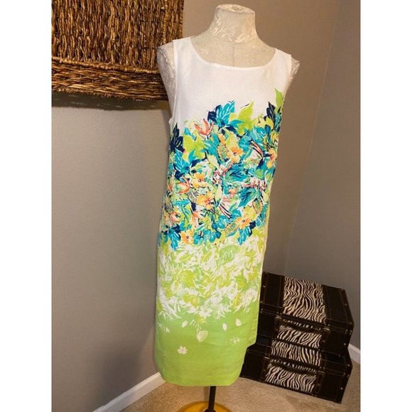 J Jill Dress Medium 6 8 10 Love Linen Career Church Sheath White Garden Floral - Picture 3 of 8